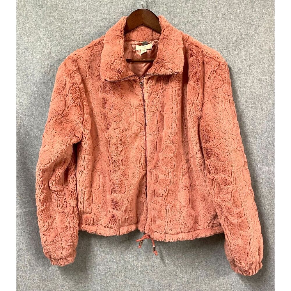 Women’s L Dusty Rose Faux Fur Plush Zip Jacket Cupio Cozy Textured